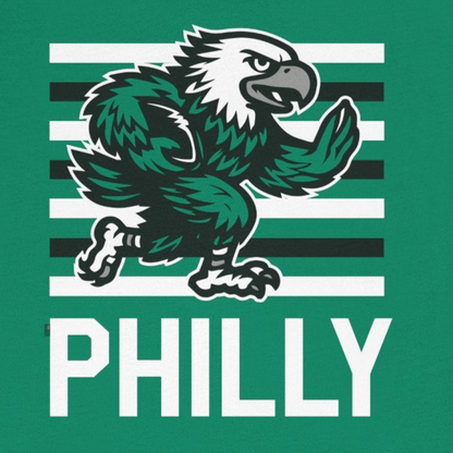 Green t-shirt with a graphic of an eagle and 'PHILLY' text on a white background