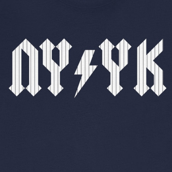 Navy blue t-shirt with white text on a white background