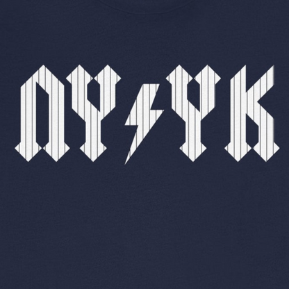 Navy blue t-shirt with white text on a white background
