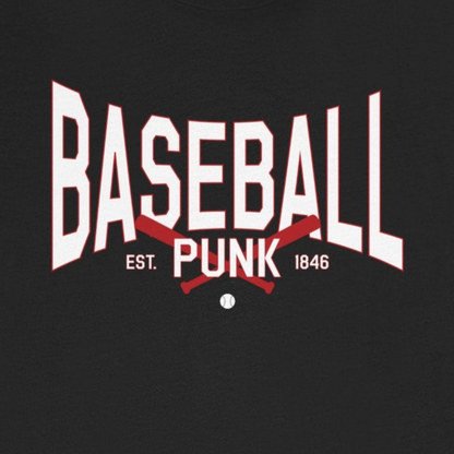 Black t-shirt with 'Baseball Punk' text on a white background