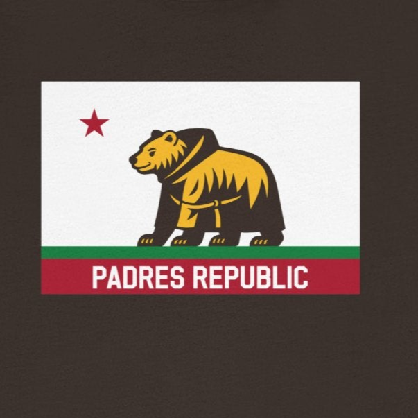 Brown t-shirt with a bear graphic and 'Padres Republic' text on a white background