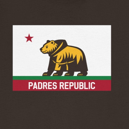 Brown t-shirt with a bear graphic and 'Padres Republic' text on a white background
