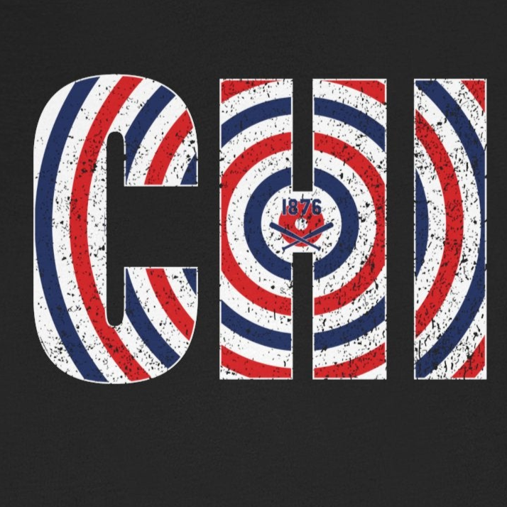 Black t-shirt with a red, white, and blue spiral design on a white background