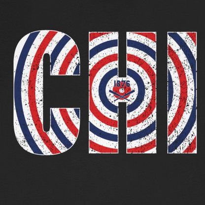 Black t-shirt with a red, white, and blue spiral design on a white background