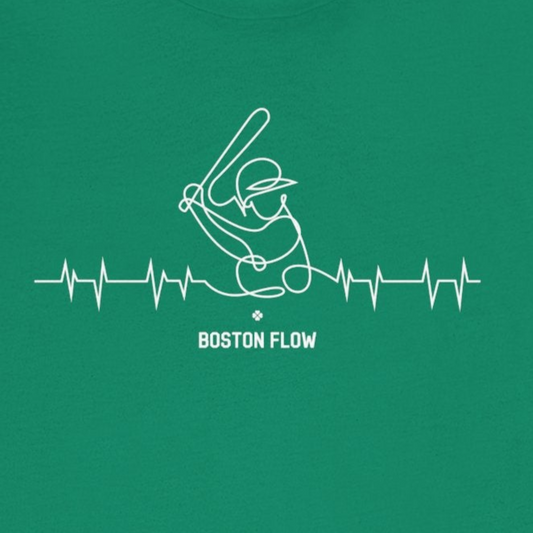 Green t-shirt with white graphic design on a white background