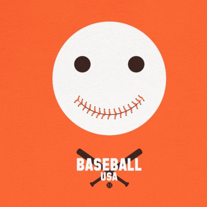 Orange t-shirt with a white baseball graphic and 'Baseball USA' text on a white background