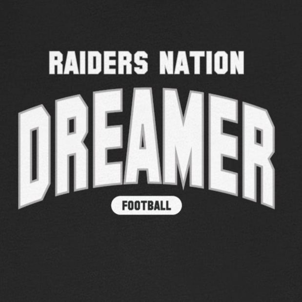 Black t-shirt with 'RAIDERS NATION DREAMER' text on a white background