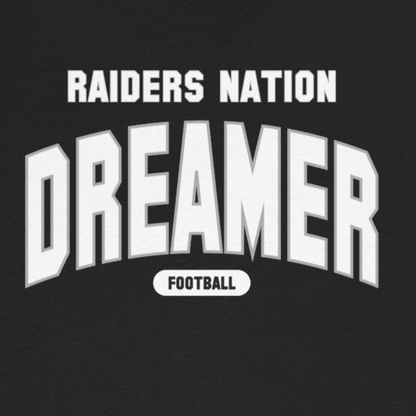 Black t-shirt with 'RAIDERS NATION DREAMER' text on a white background