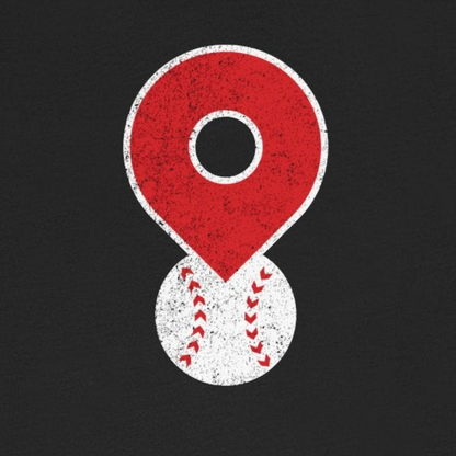 Black t-shirt with a red and white graphic on a white background