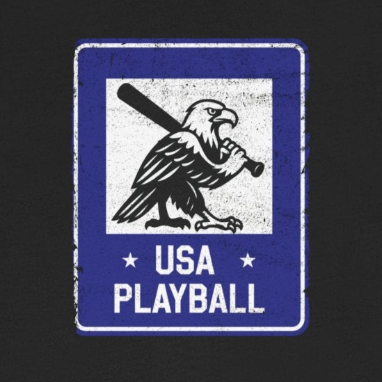 Black t-shirt with 'USA PLAYBALL' graphic on a white background