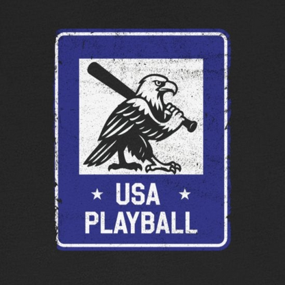 Black t-shirt with 'USA PLAYBALL' graphic on a white background