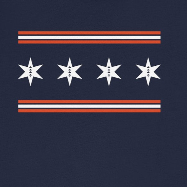 Navy blue t-shirt with a red, white, and blue graphic on a white background
