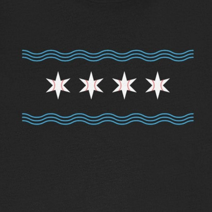 Black t-shirt with a blue and white graphic on a white background