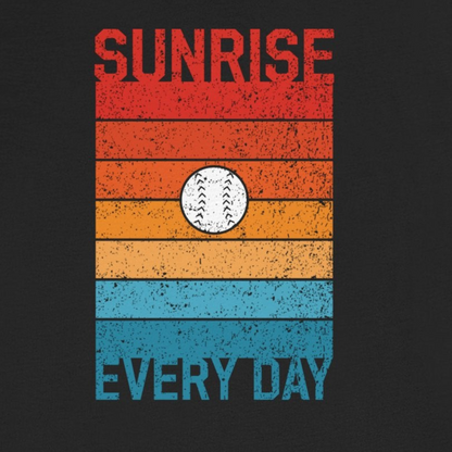 Black t-shirt with colorful 'Sunrise Every Day' design on a white background