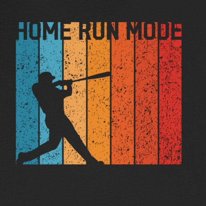 Black t-shirt with a graphic of a baseball player and 'Home Run Mode' text on a white background