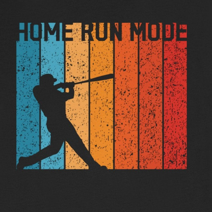Black t-shirt with a graphic of a baseball player and 'Home Run Mode' text on a white background