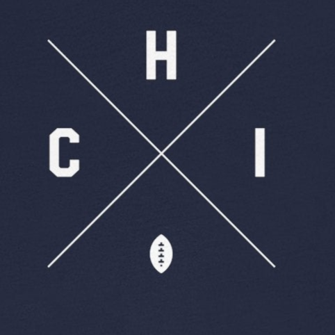 Navy blue t-shirt with white 'CHI' design on a white background