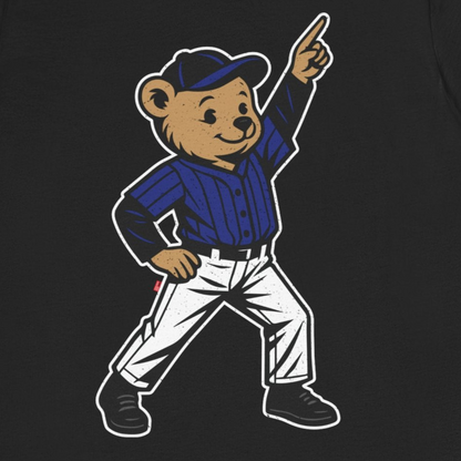 Black t-shirt with a cartoon bear in a baseball uniform pointing upwards on a white background