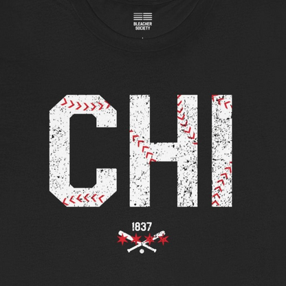 Black t-shirt with 'CHI' and baseball-themed design on a white background