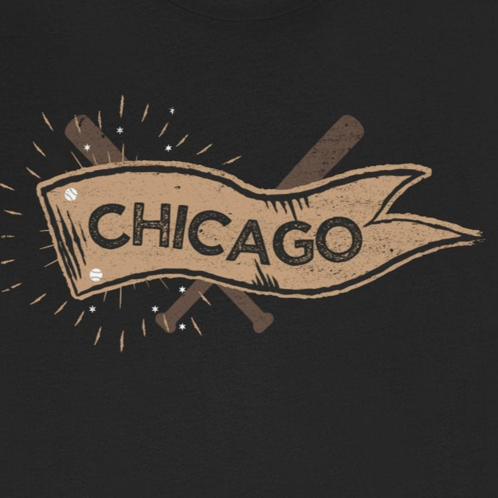 Black t-shirt with 'Chicago' graphic design on a white background