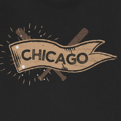 Black t-shirt with 'Chicago' graphic design on a white background
