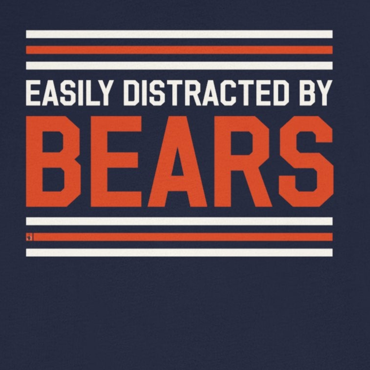 Navy blue t-shirt with 'Easily Distracted by Bears' text on a white background