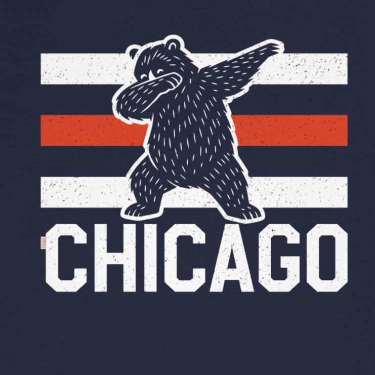 Navy blue t-shirt with a graphic of a bear and 'Chicago' text on a white background