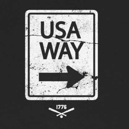 Black t-shirt with 'USA Way' graphic on a white background