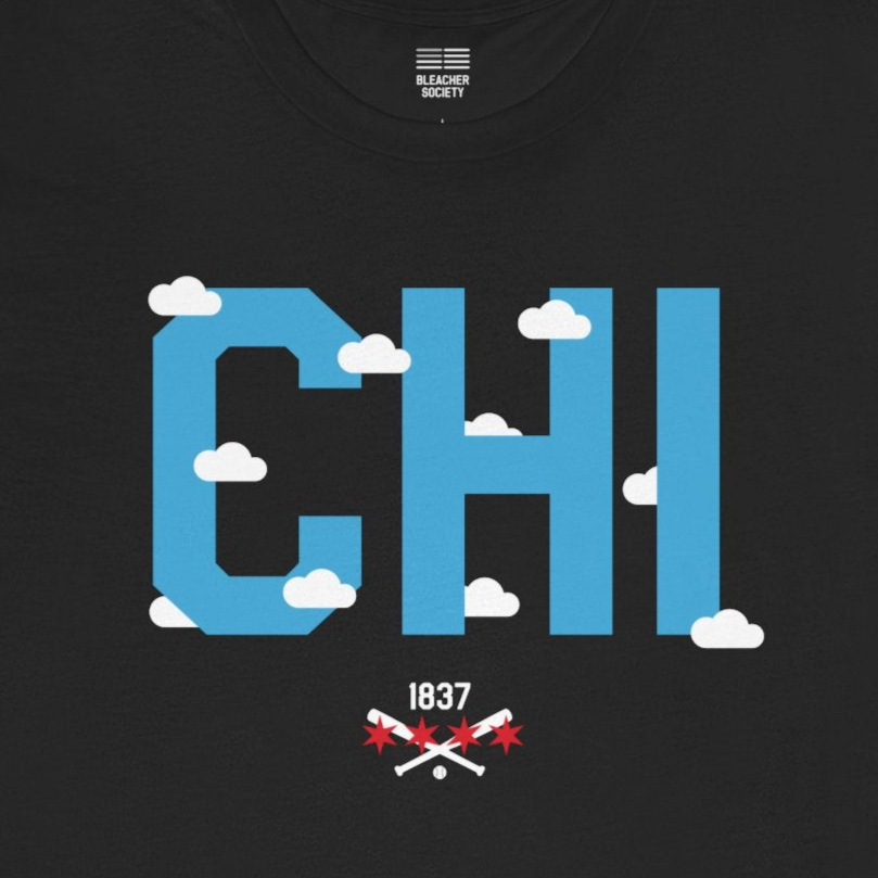Black t-shirt with blue 'CHI' graphic and red logo on a white background