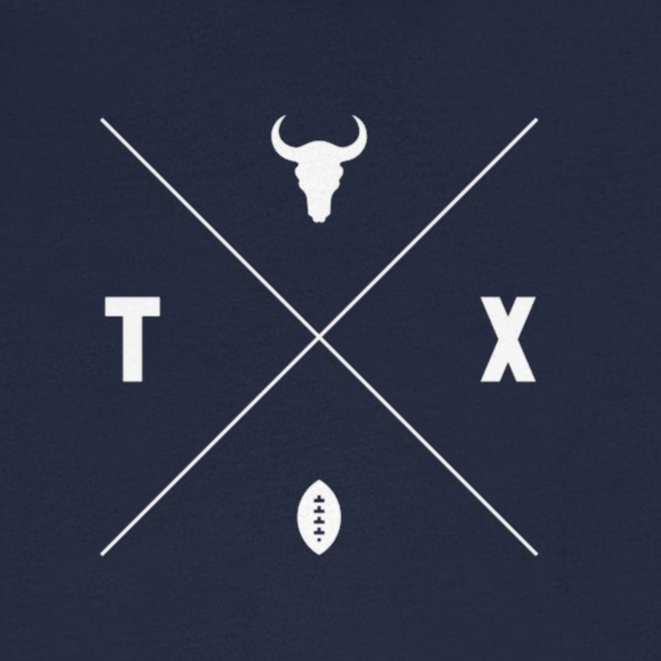 Navy blue t-shirt with white graphic design on a white background