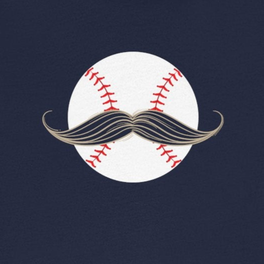 Navy blue t-shirt with a baseball and mustache graphic on a white background