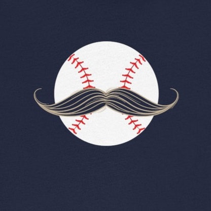 Navy blue t-shirt with a baseball and mustache graphic on a white background