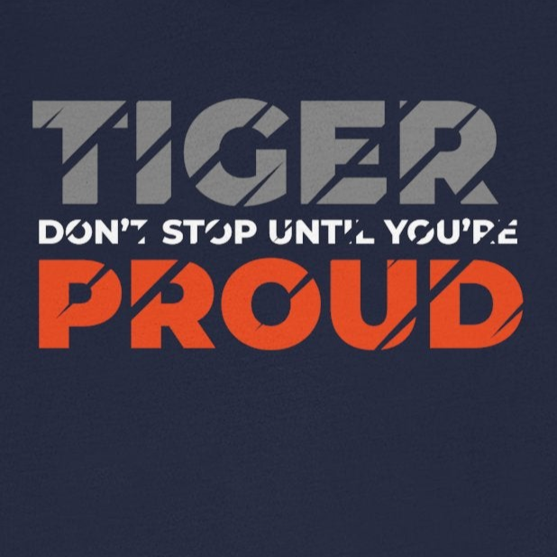 Navy blue t-shirt with 'Tiger Proud' text on a white background