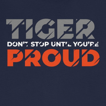 Navy blue t-shirt with 'Tiger Proud' text on a white background