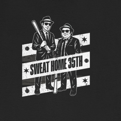Black t-shirt with graphic design on a white background