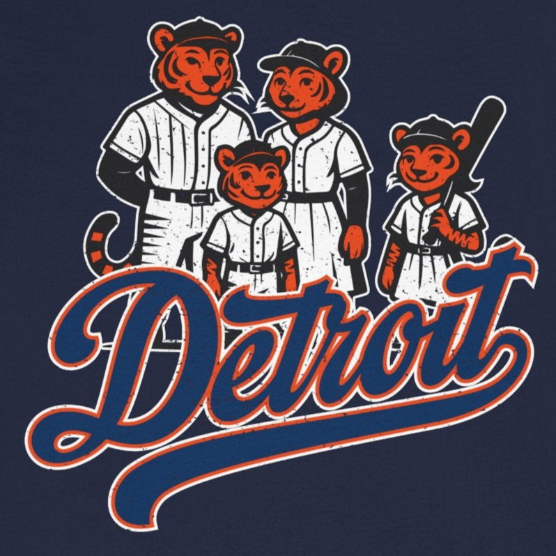 Navy blue t-shirt with a graphic of bears in baseball uniforms and 'Detroit' text on a white background