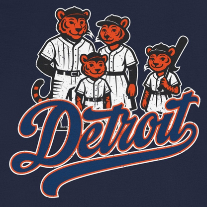 Navy blue t-shirt with a graphic of bears in baseball uniforms and 'Detroit' text on a white background