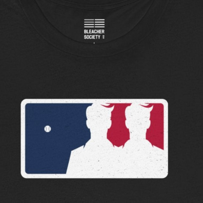 Black t-shirt with a logo on the chest against a white background