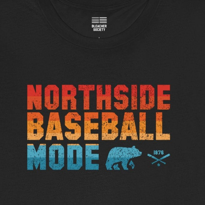 Black t-shirt with colorful text 'Northside Baseball Mode' on a white background