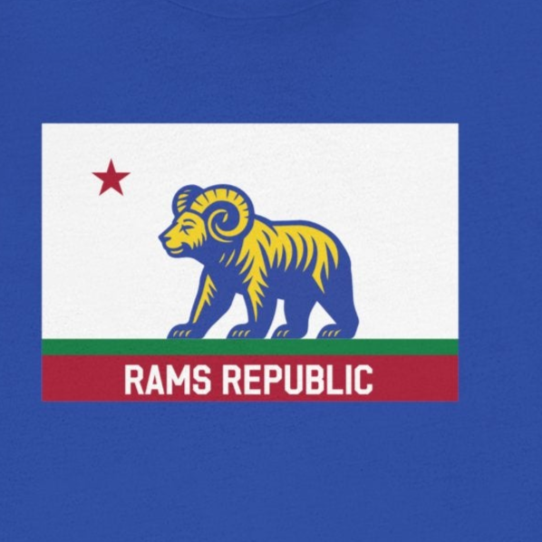 Blue t-shirt with a graphic design on a white background