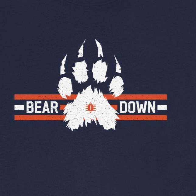 Navy blue t-shirt with a bear paw graphic and 'Bear Down' text on a white background