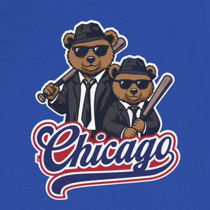 Blue t-shirt with Chicago-themed graphic of bears in suits and sunglasses on a white background