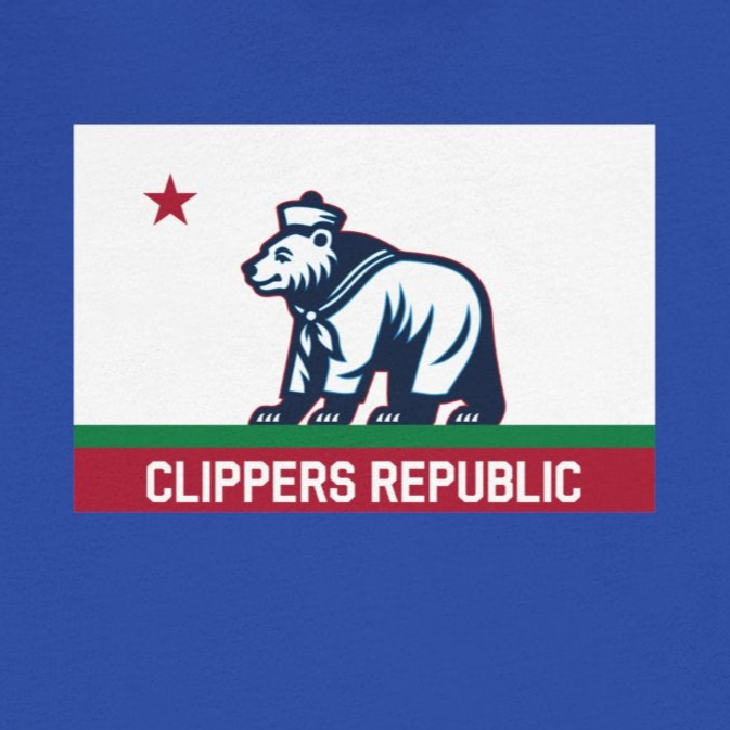 Blue t-shirt with a graphic design featuring a bear and text on a white background