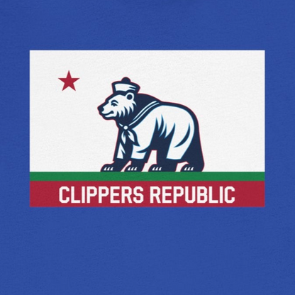 Blue t-shirt with a graphic design featuring a bear and text on a white background