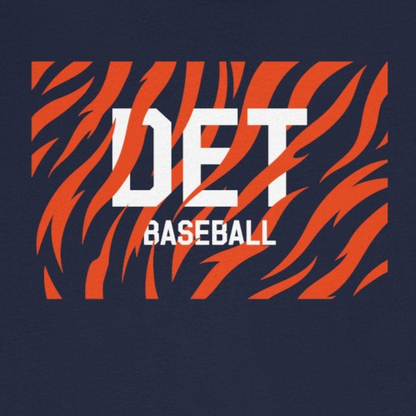 Navy blue t-shirt with orange and white graphic design on a white background