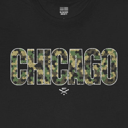 Black t-shirt with 'CHICAGO' in camouflage print on a white background