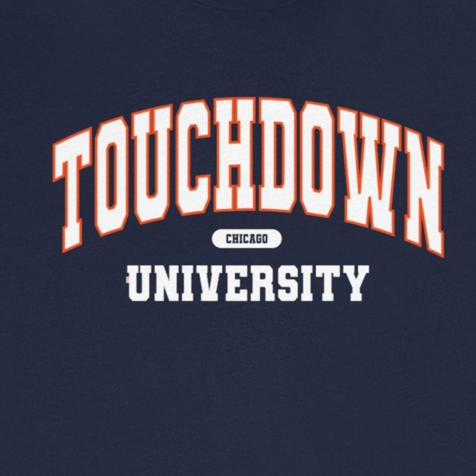 Navy blue t-shirt with 'Touchdown University' text on a white background