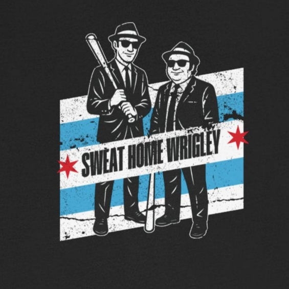 Black t-shirt with graphic design of two figures and text on a white background
