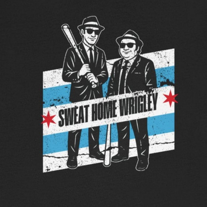 Black t-shirt with graphic design of two figures and text on a white background