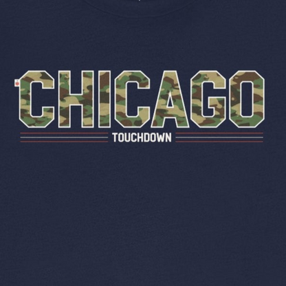 Navy blue t-shirt with 'Chicago' printed on it against a white background